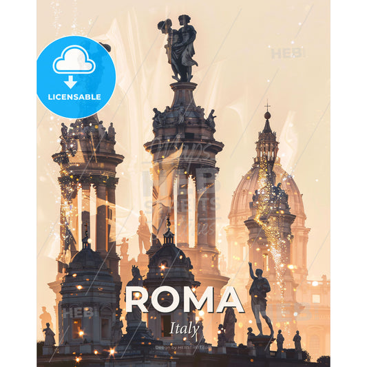 Rome: Double Exposure Skyline Poster Art - A group of statues with fireworks in the background - Square format print template