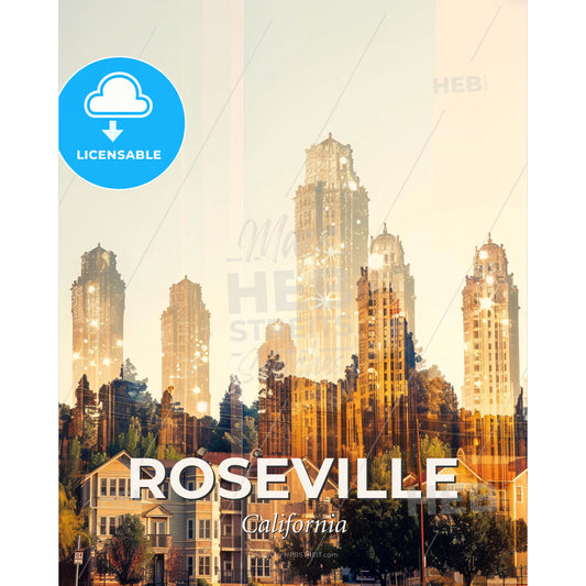 Roseville Cityscape Dreamscape Glamour Glow - A city skyline with many tall buildings - Square format print template