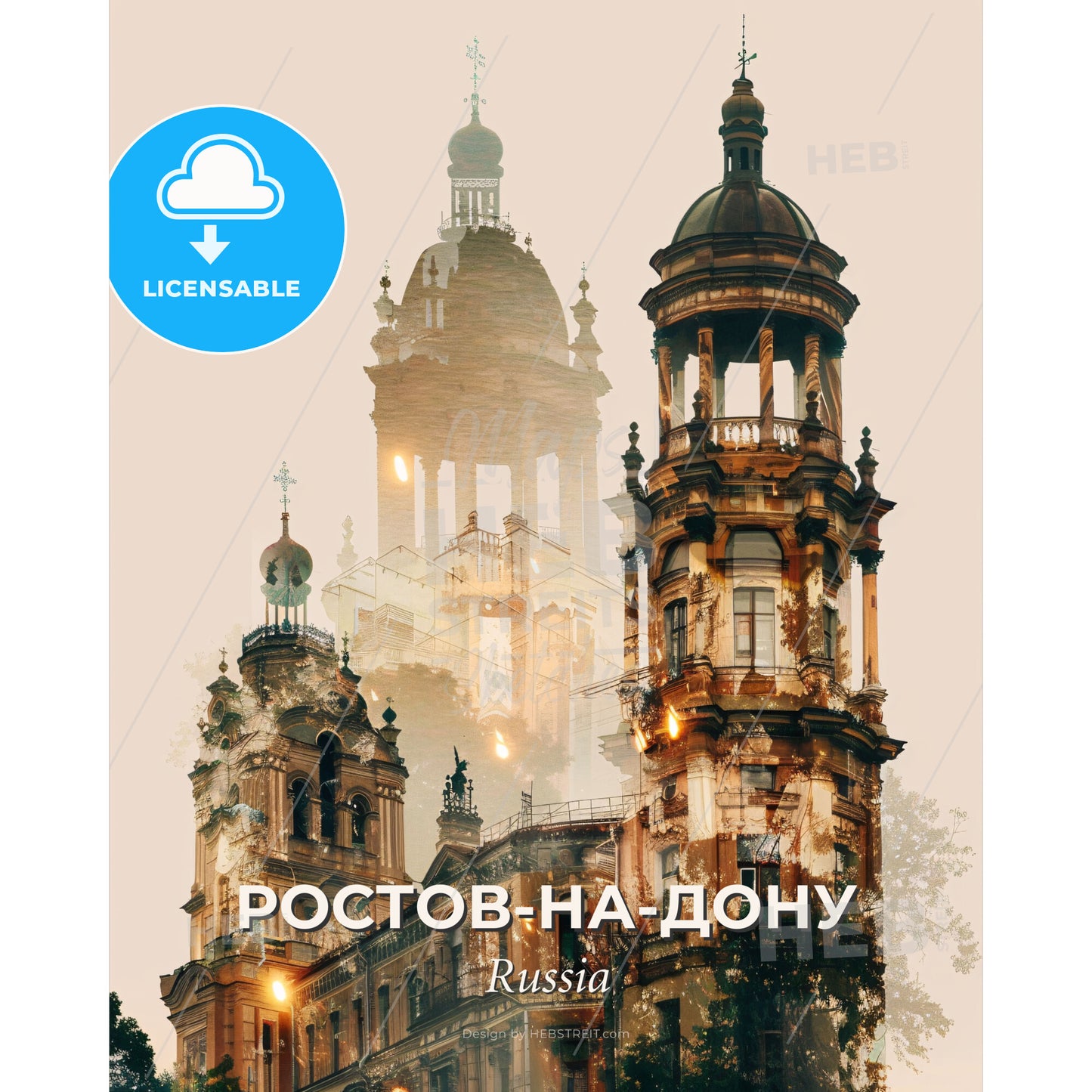 Rostov-on-Don: City Icons in Double Exposure Skyline Art - A double exposure of a building - Square format print template
