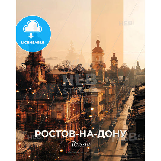 Rostov-on-Don Skyline Composite Art Poster - A city street with buildings and cars - Square format print template