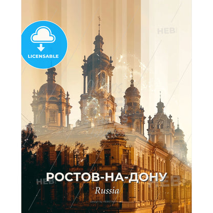 Rostov-on-Don City Silhouette and Architecture Poster - A building with towers and a light in the background - Square format print template