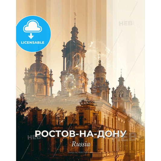Rostov-on-Don City Silhouette and Architecture Poster - A building with towers and a light in the background - Square format print template