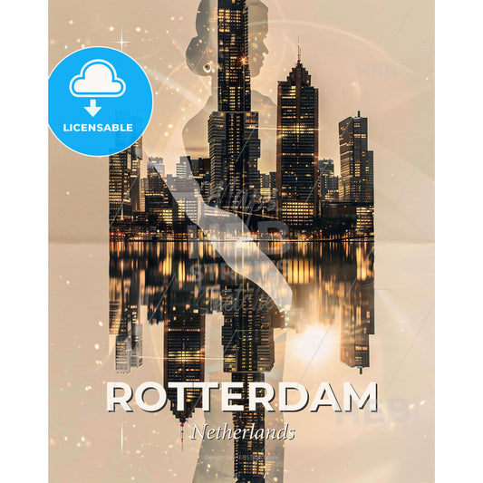 Rotterdam City Skyline Poster with Sparkling Lights - A couple in a city - Square format print template
