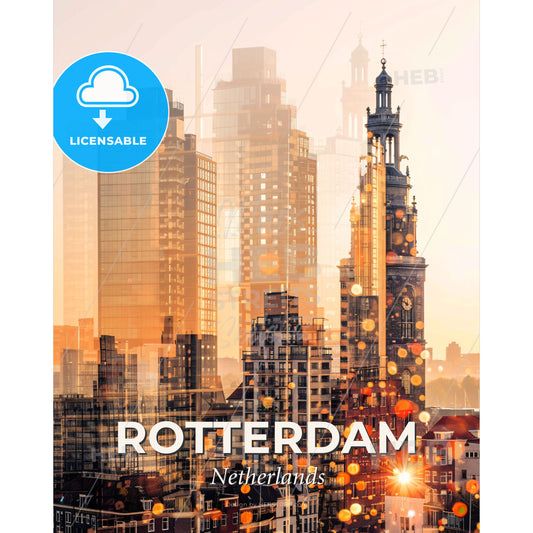 Rotterdam Cityline Skyline Composite Art Poster - A city skyline with many tall buildings - Square format print template