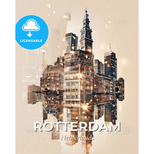 Rotterdam Skyline Art Deco Poster - A city skyline with many buildings - Square format print template