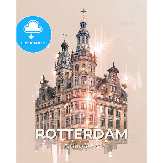 Rotterdam Skyline Double Exposure Cityscape Poster - A building with many windows - Square format print template