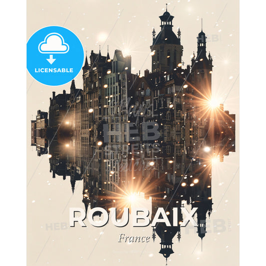 Roubaix Skyline Silhouette Cityscape Poster - A reflection of a city in water - Square format print template