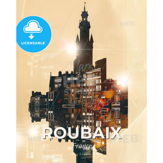 Roubaix City Skyline Double Exposure Skyline Collage - A silhouette of a building - Square format print template
