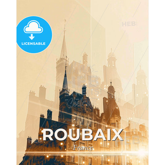 Roubaix France Skyline City Poster - A building with spires and a tower - Square format print template