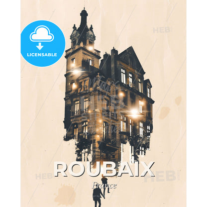 Roubaix Skyline Double Exposure Art Poster - A building with a tower and a person standing in front of it - Square format print template