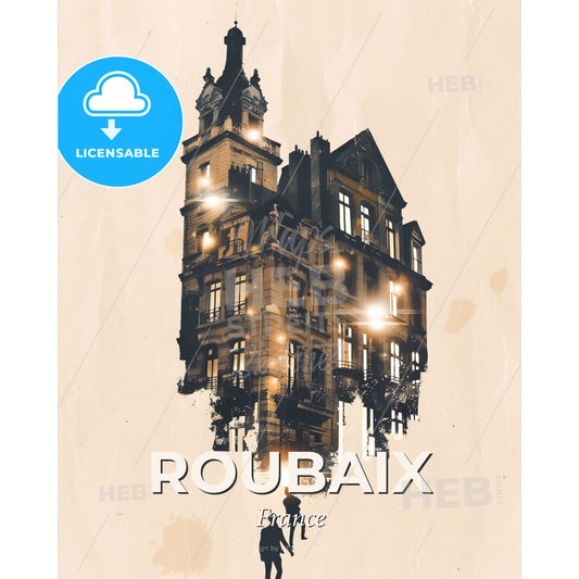 Roubaix Skyline Double Exposure Art Poster - A building with a tower and a person standing in front of it - Square format print template