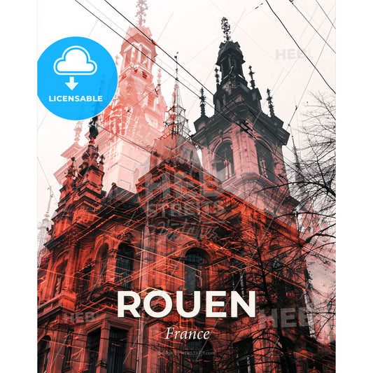 Rouen Double Exposure Skyline Beige Poster - A building with towers and a tower - Square format print template