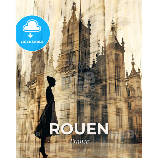 Rouen Cityscape Impressionistic Poster Art - A silhouette of a woman in a dress - Square format print template