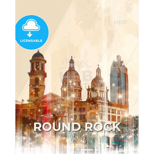 Round Rock Skyline Silhouette Cityscape Art Poster - A building with towers and a couple of towers - Square format print template