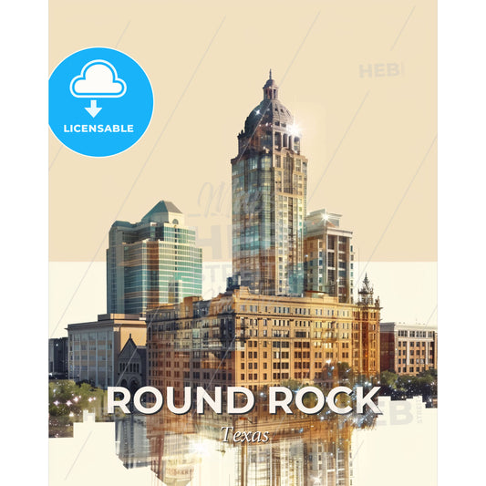 Round Rock Skyline Double Exposure Cityscapes Art - A city skyline with many tall buildings - Square format print template