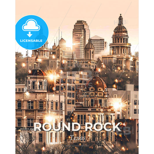 Round Rock Cityscape Art: Icon Skyline Double Exposure - A city with many buildings - Square format print template