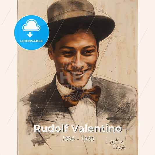 Rudolf Valentino, 1895 - 1926, Italian actor - A Drawing Of A Man Wearing A Hat And Bow Tie Print Template