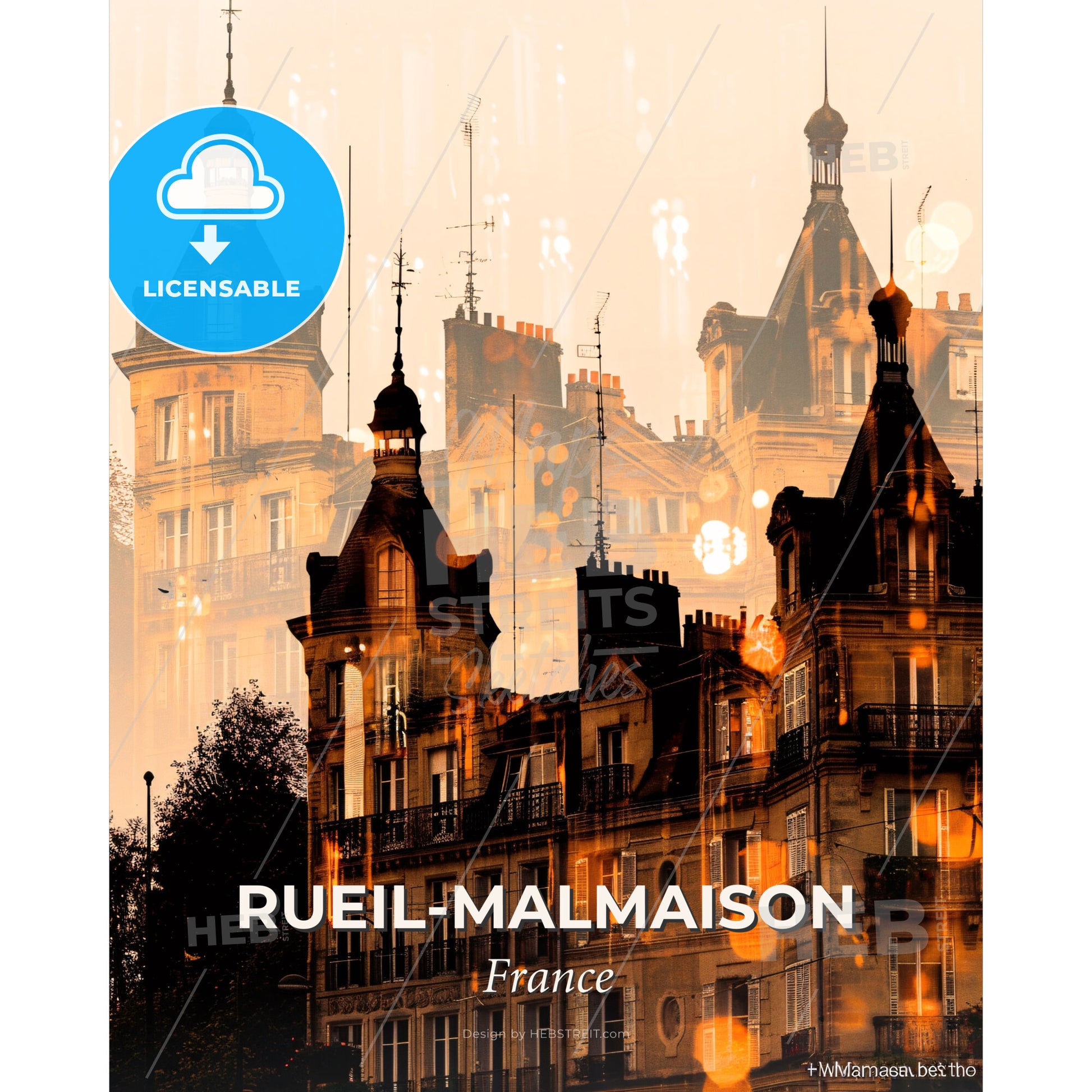 Rueil-Malmaison Skyline Sparkles Beige Poster - A building with towers and towers - Square format print template