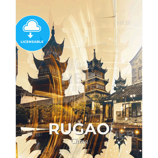Rugao Skyline Art: Double Exposure Charm - A group of buildings with towers - Square format print template