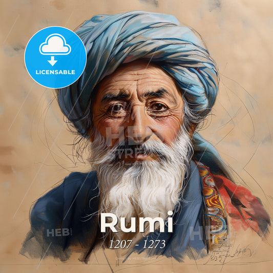 Rumi, 1207 - 1273, Persian poet and Sufi mystic - A Painting Of A Man With A White Beard And Blue Turban Print Template