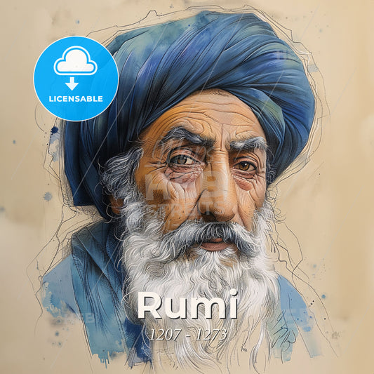 Rumi, 1207 - 1273, Persian poet and Sufi mystic - A Man With A Blue Turban Print Template