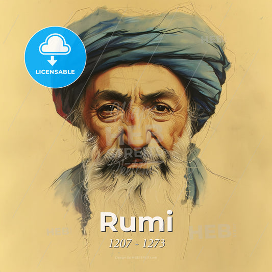 Rumi, 1207 - 1273, Persian poet and Sufi mystic - A Painting Of A Man With A Blue Turban Print Template