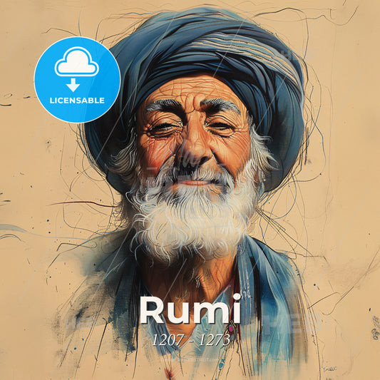 Rumi, 1207 - 1273, Persian poet and Sufi mystic - A Man With A Blue Turban Print Template