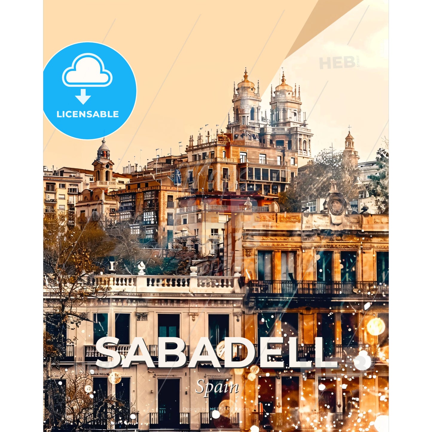 Sabadell: Art Deco City Lights Poster - A group of buildings with trees and snow - Square format print template