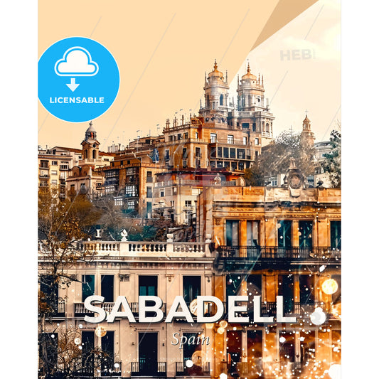 Sabadell: Art Deco City Lights Poster - A group of buildings with trees and snow - Square format print template