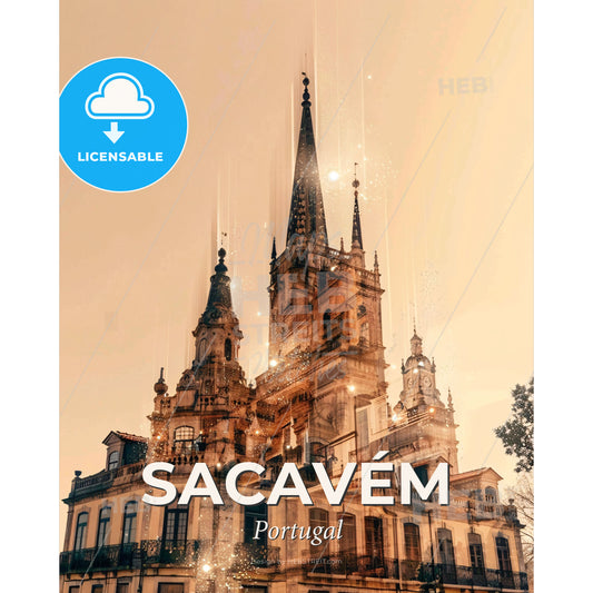 Sacavém City Skyline Silhouette Iconic Architecture Poster - A large building with a tower - Square format print template