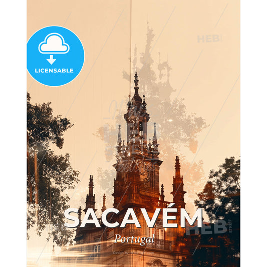 Sacavém Double Exposure Skyline Art Poster - A building with a clock tower - Square format print template