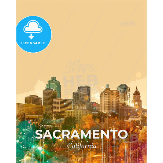 Sacramento Skyline Double Exposure Art Composite - A city skyline with trees and lights - Square format print template