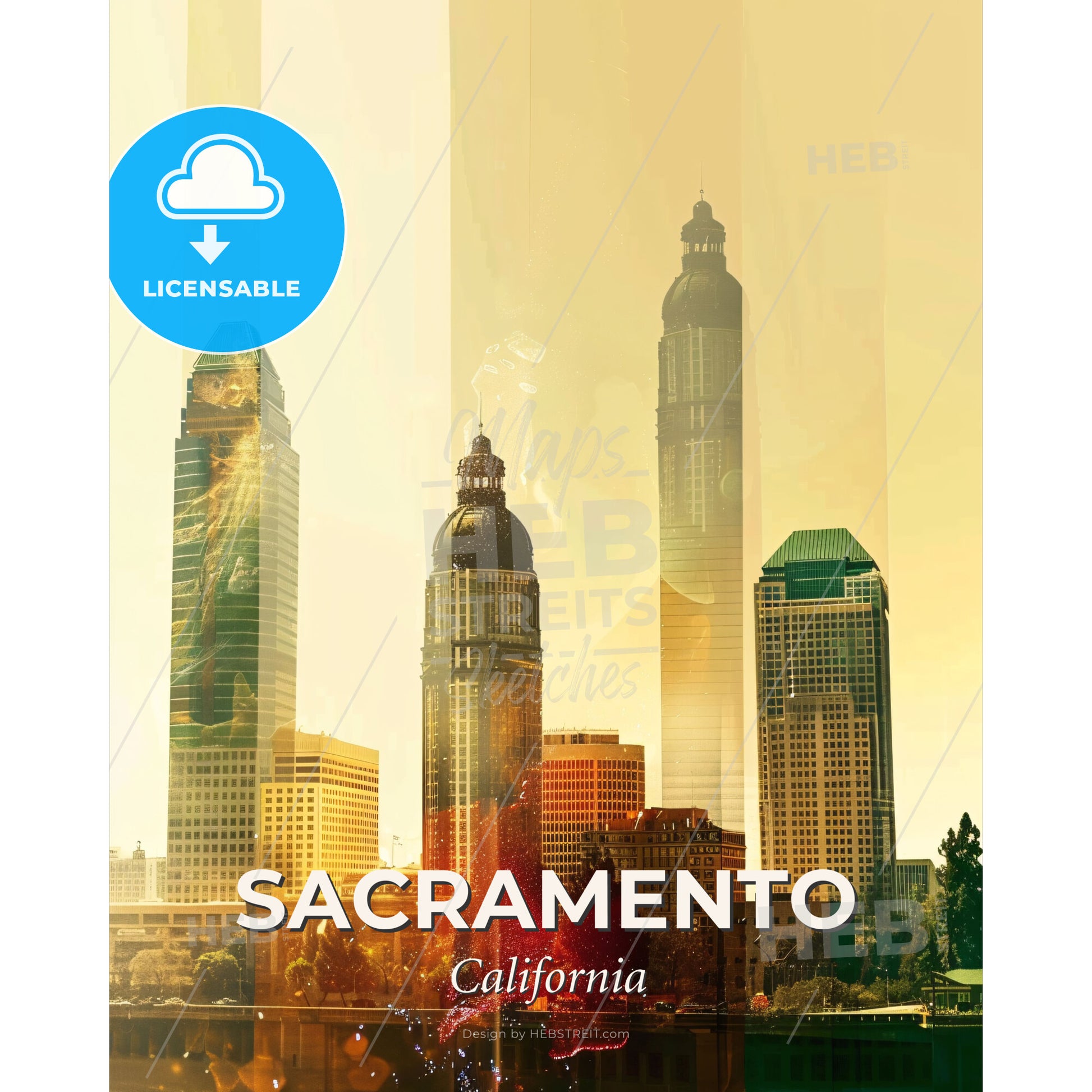 Sacramento City Double Exposure Skyline Art - A city skyline with tall buildings - Square format print template