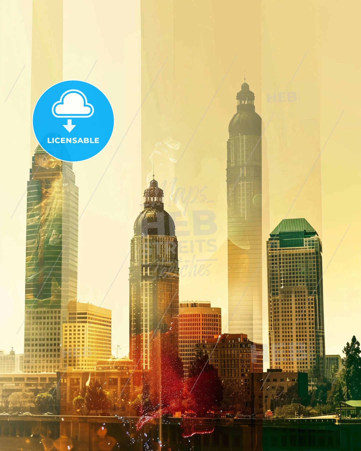 Sacramento City Double Exposure Skyline Art - A city skyline with tall buildings