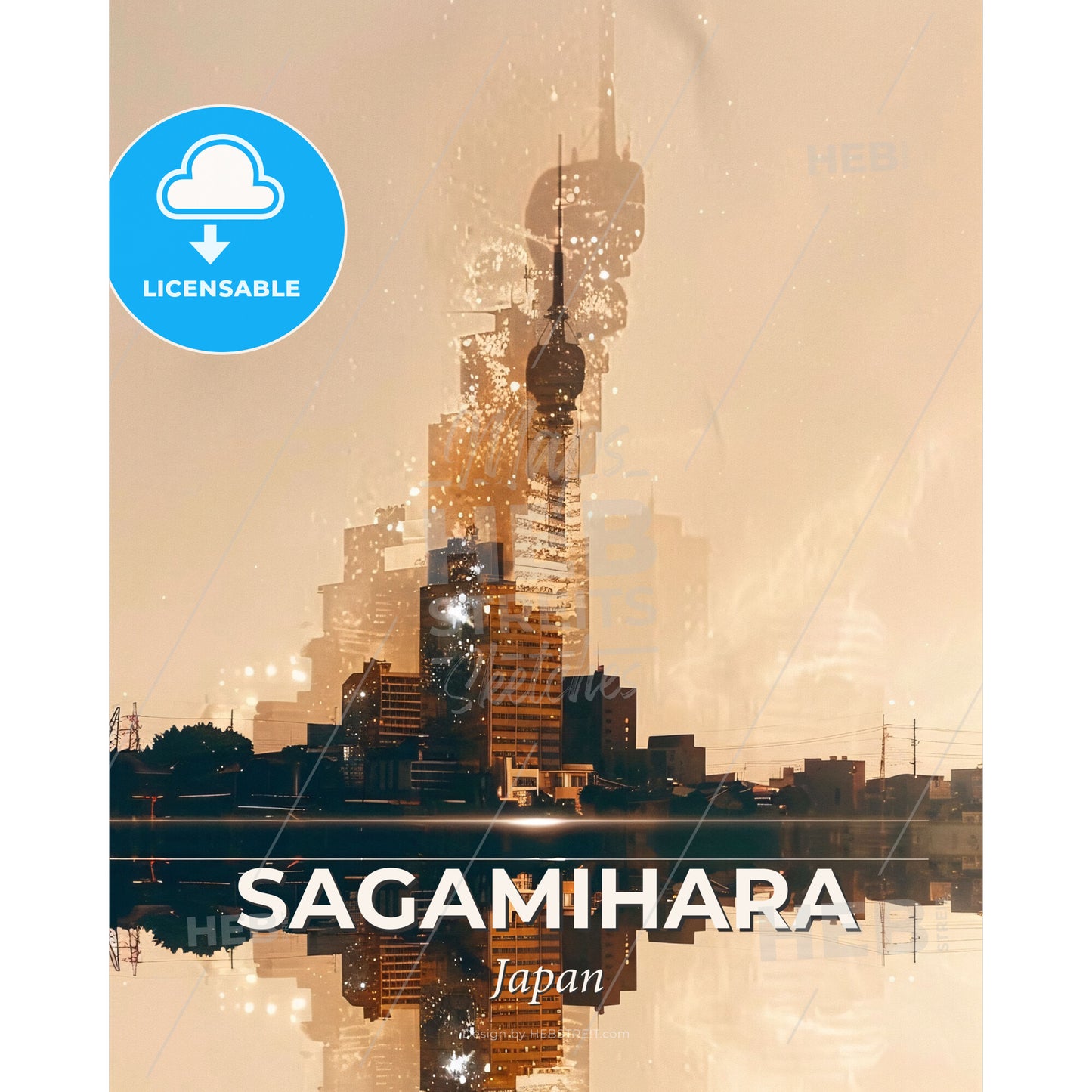 Sagamihara Skyline Double Exposures on Beige - A city skyline with reflection of a person's face - Square format print template