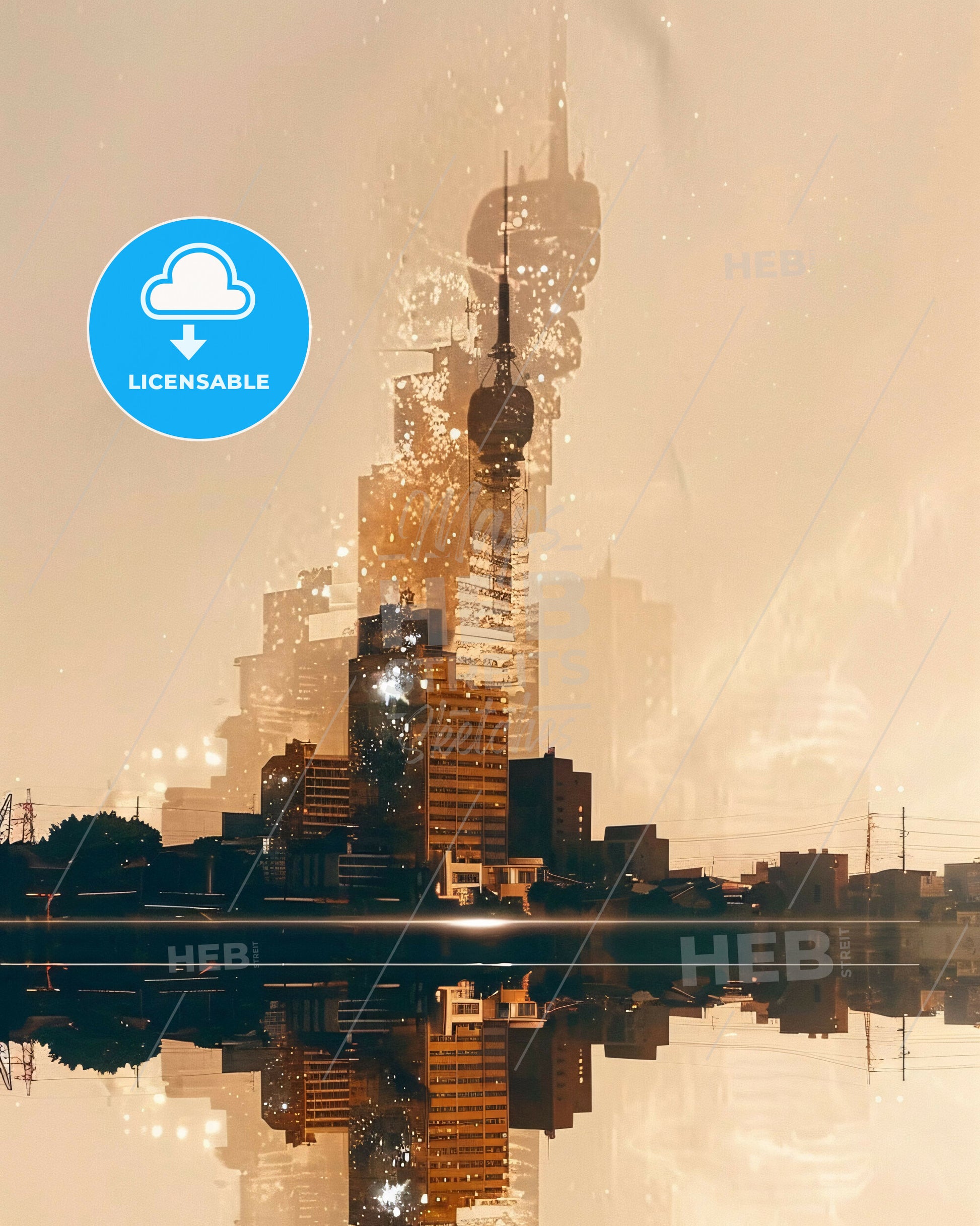 Sagamihara Skyline Double Exposures on Beige - A city skyline with reflection of a person's face