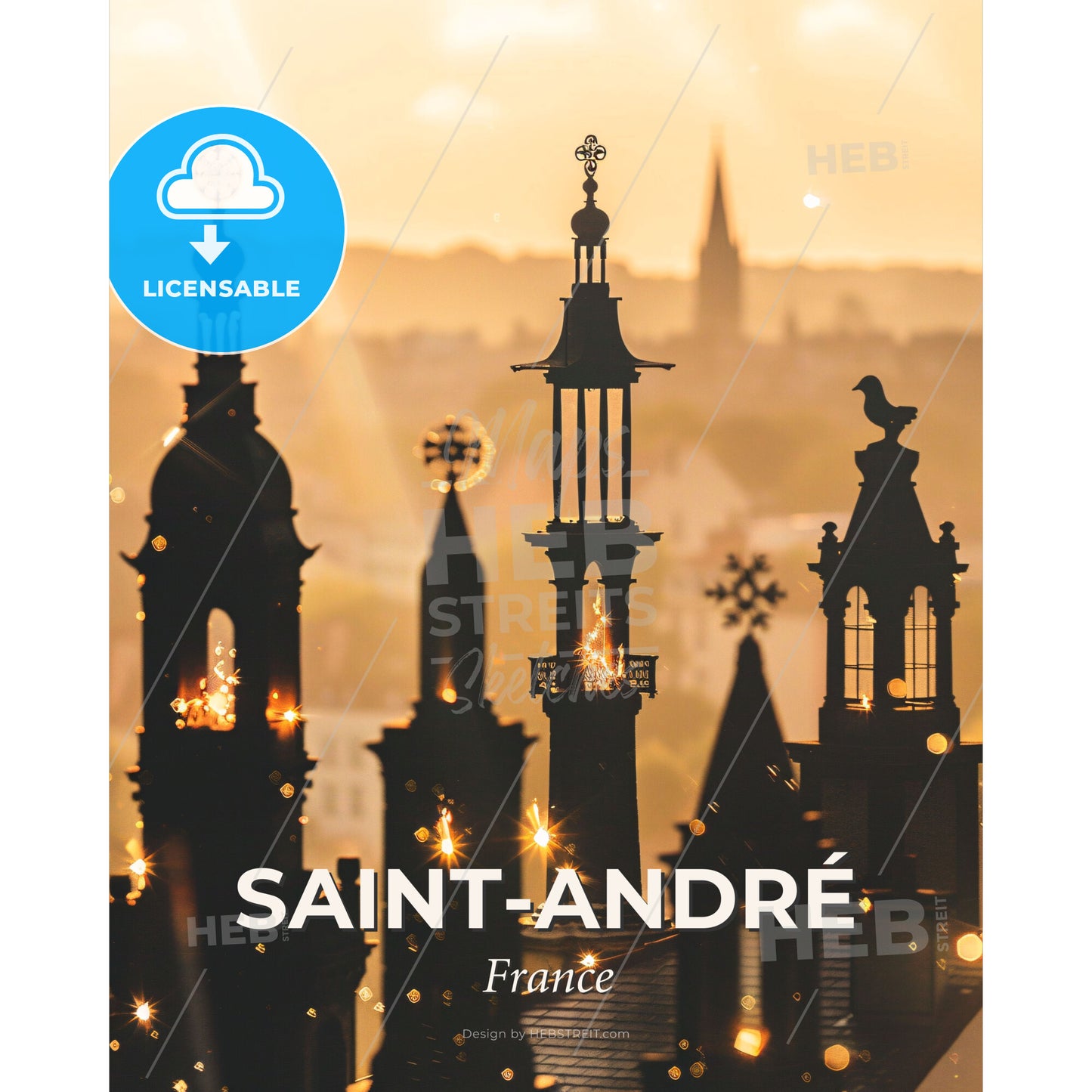 Saint-Andre City Skyline Double Exposure Art - A silhouette of a building with a bird on top - Square format print template