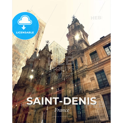 Saint-Denis City Skyline Double Exposure - A building with a tower and a glass building - Square format print template
