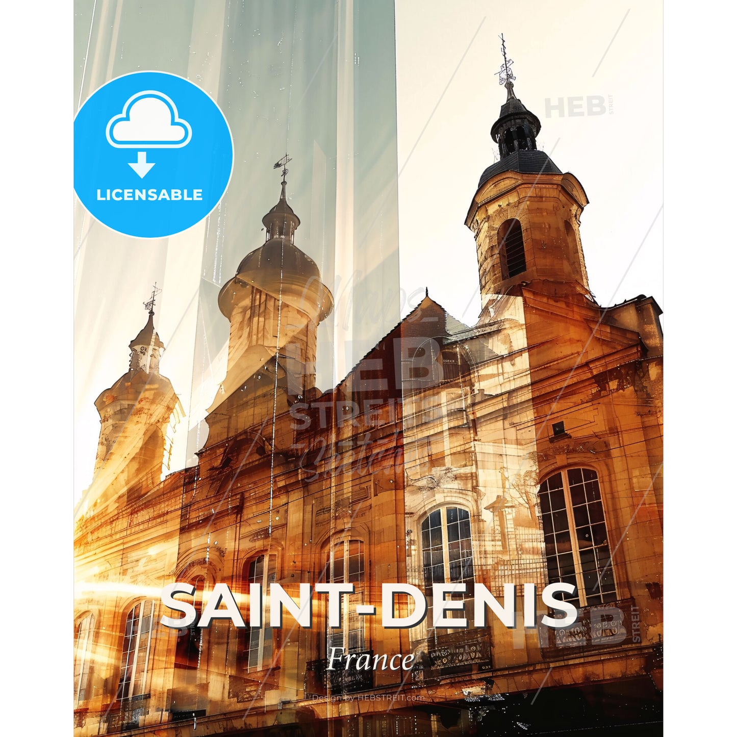 Saint-Denis Skyline Composite Art Poster - A building with a large tower - Square format print template