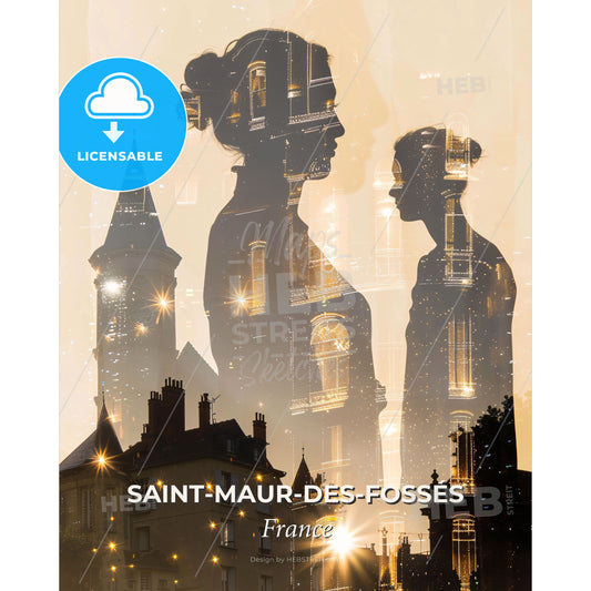 Saint-Maur-Des-Fosses France Skyline Composite Poster Art - A double exposure of a couple of women in a city - Square format print template