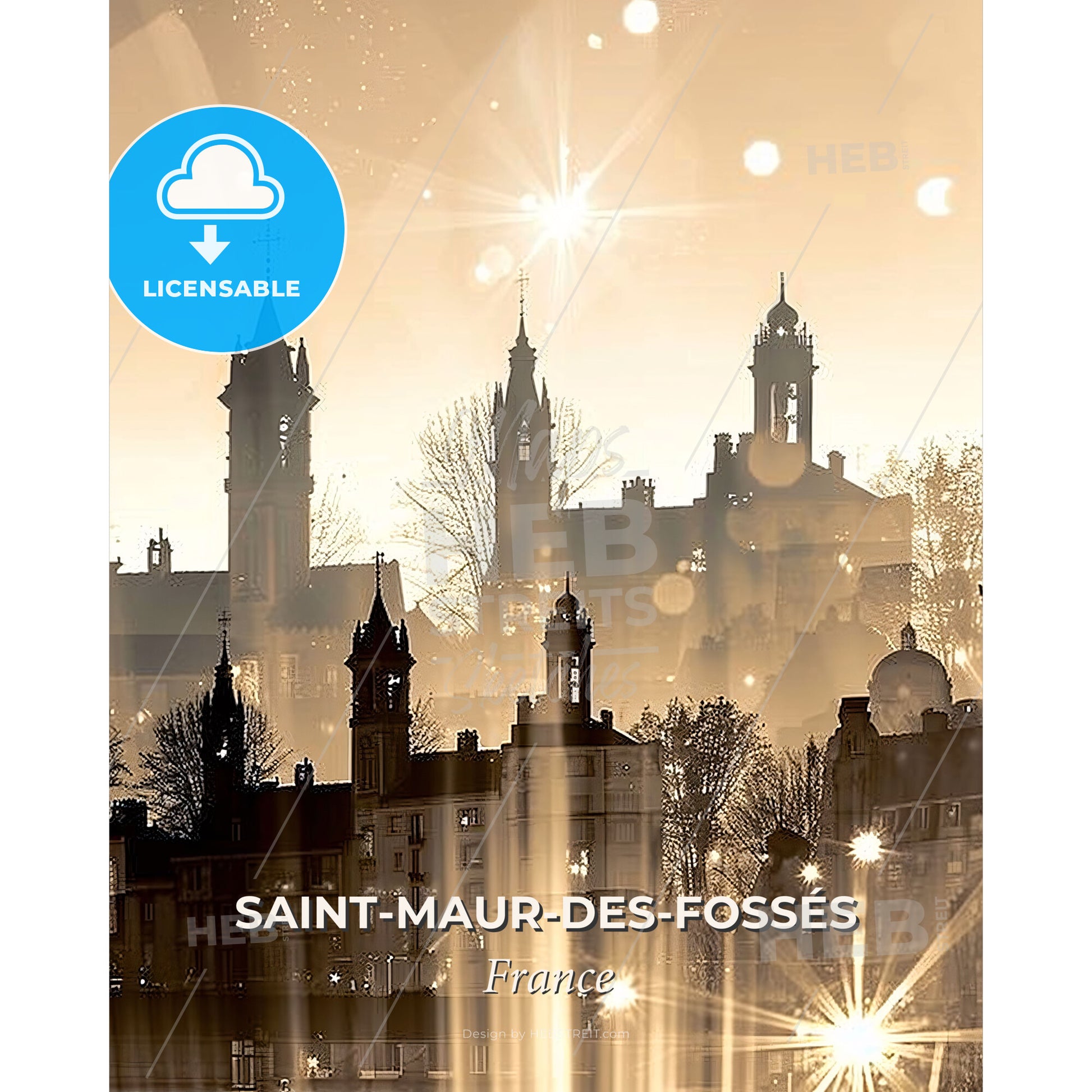 Saint-Maur-des-Fossés Skyline Poster Art - Sun shining through the sun over a city - Square format print template