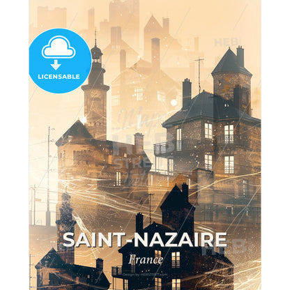 Saint-Nazaire Skyline Poster Art Double Exposure - A city with buildings and towers - Square format print template