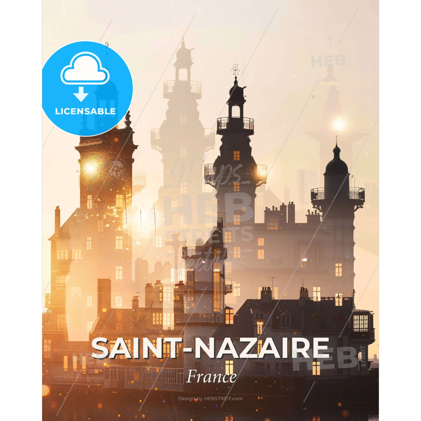 Saint-Nazaire Skyline Art: Beige Sparkles Silhouette - A city with a clock tower - Square format print template