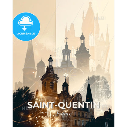 Saint-Quentin City Skyline Double Exposure Art Poster - A building with towers and a clock - Square format print template