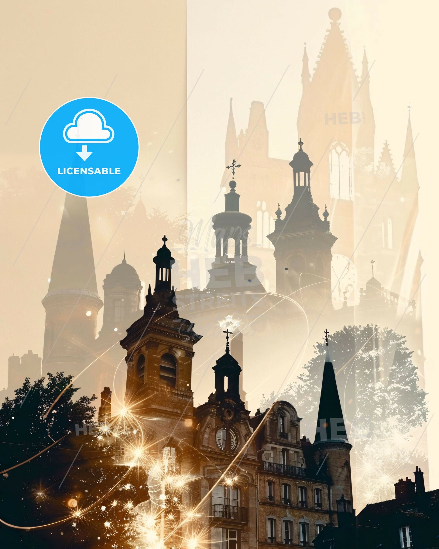 Saint-Quentin City Skyline Double Exposure Art Poster - A building with towers and a clock