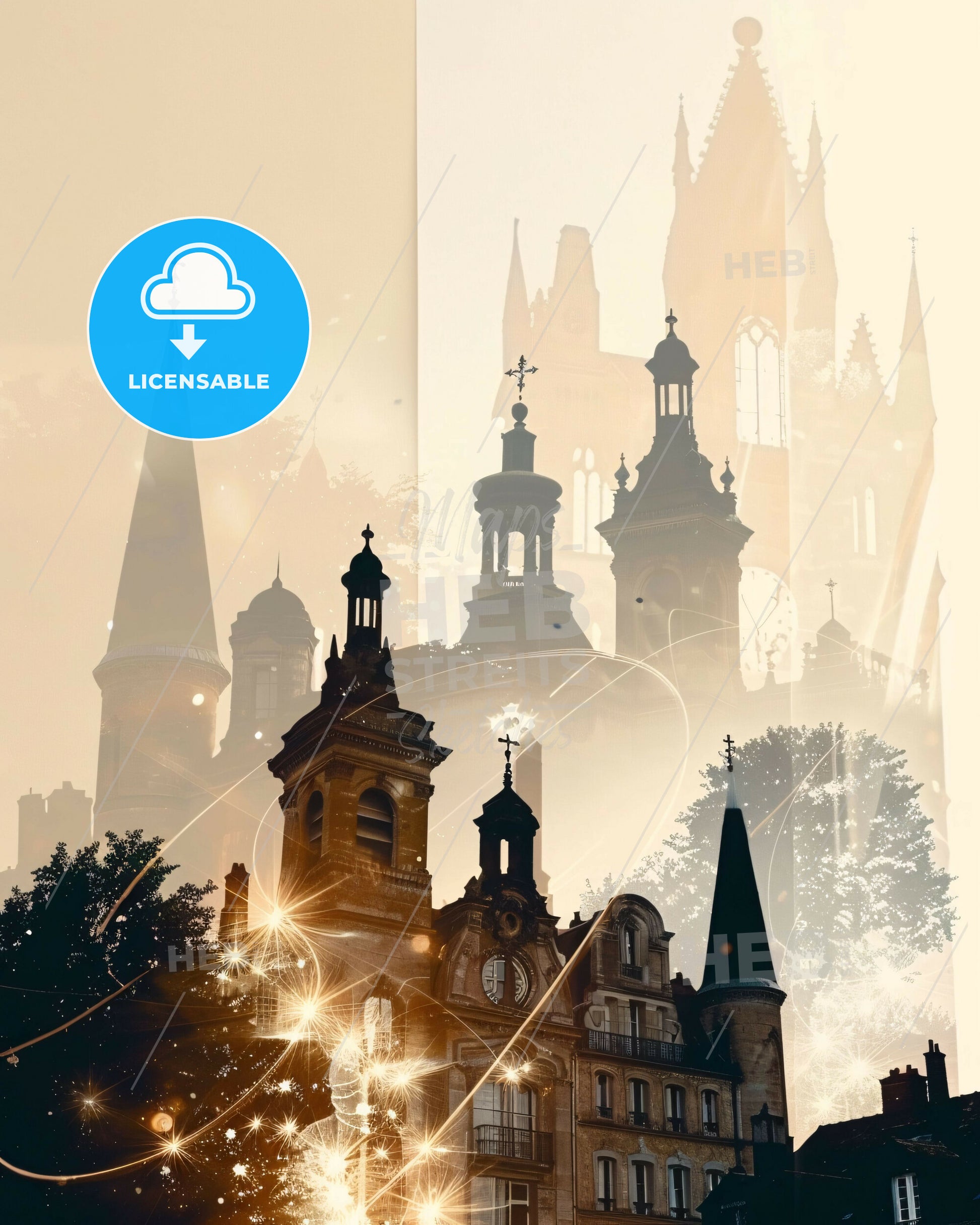 Saint-Quentin City Skyline Double Exposure Art Poster - A building with towers and a clock