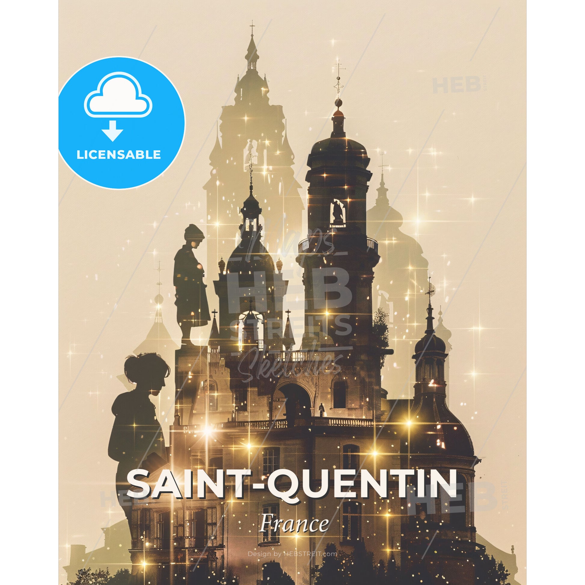 Saint-Quentin City Skyline Silhouette Poster Art - A silhouette of a building with a couple of people standing on top - Square format print template