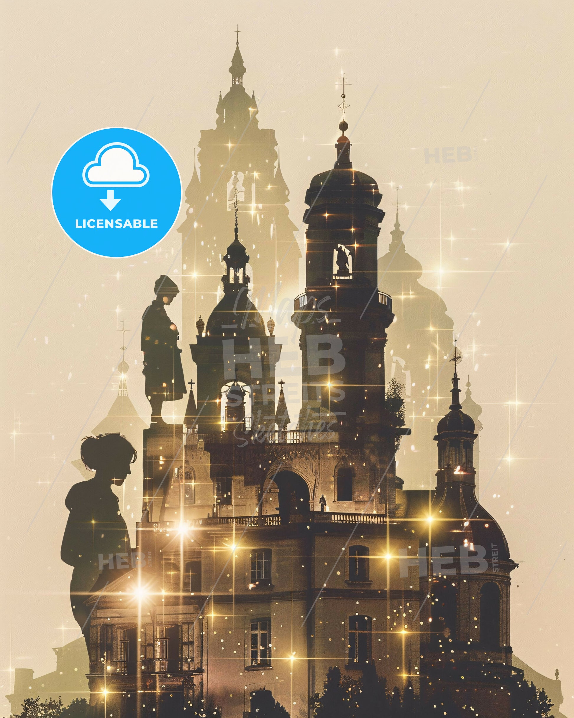 Saint-Quentin City Skyline Silhouette Poster Art - A silhouette of a building with a couple of people standing on top