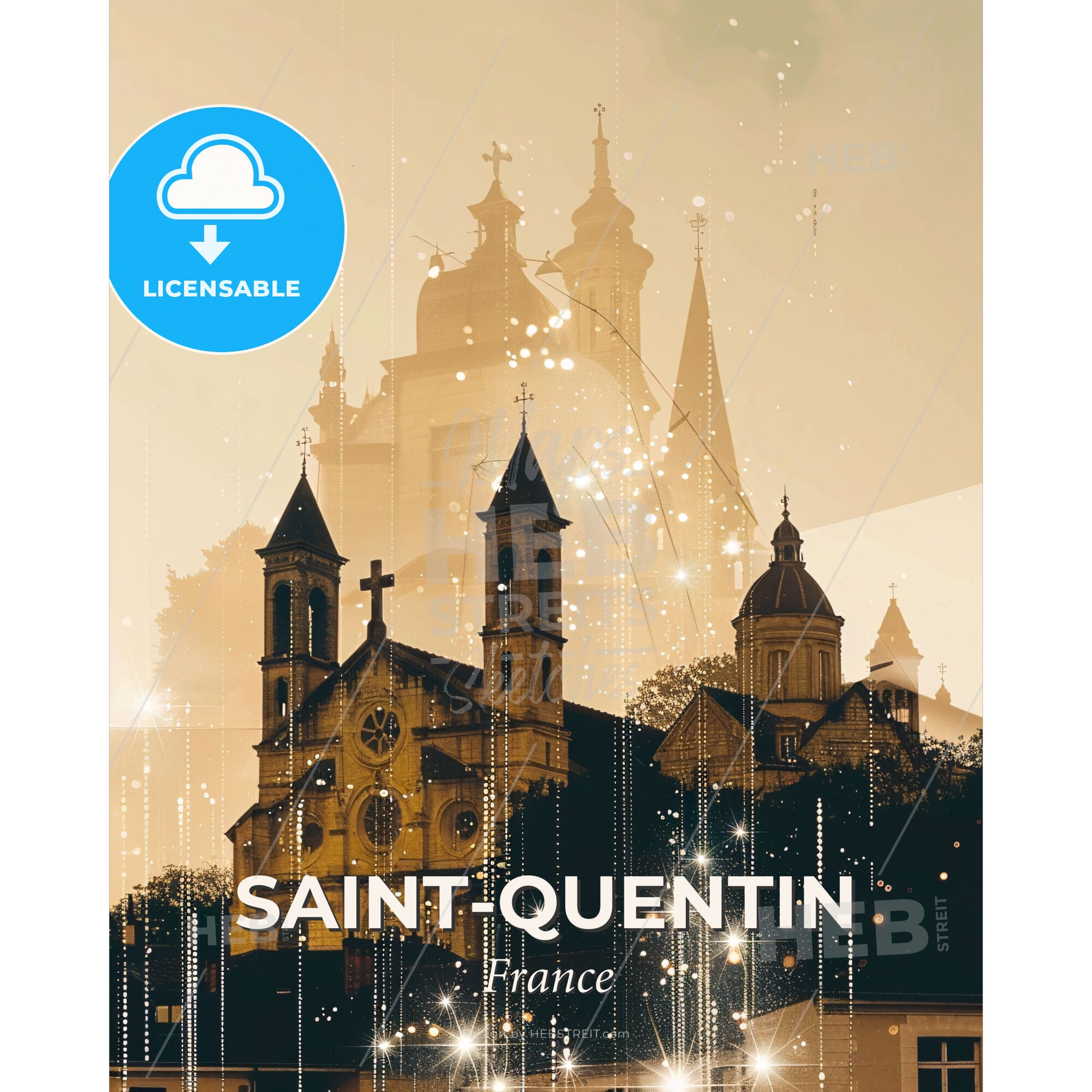 Saint-Quentin Skyline Cityscape Composite Poster - A building with towers and a cross - Square format print template