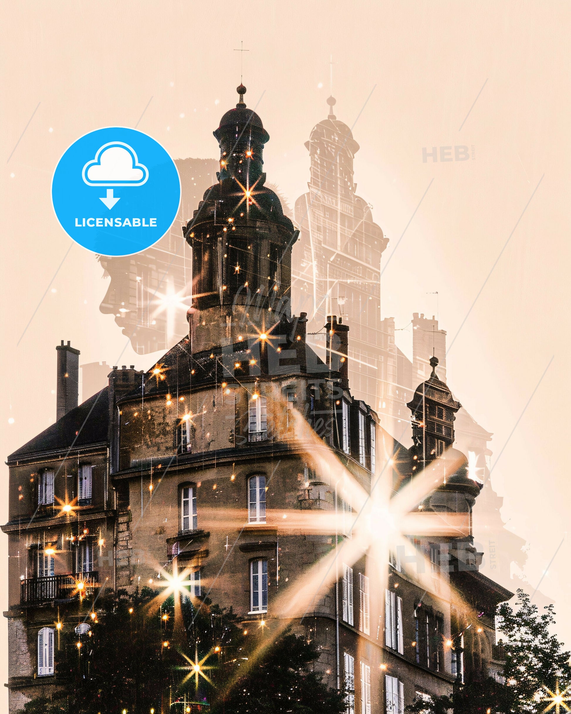 Saint-Etienne Skyline Double Exposure Silhouette Art - A building with a person's face and a star